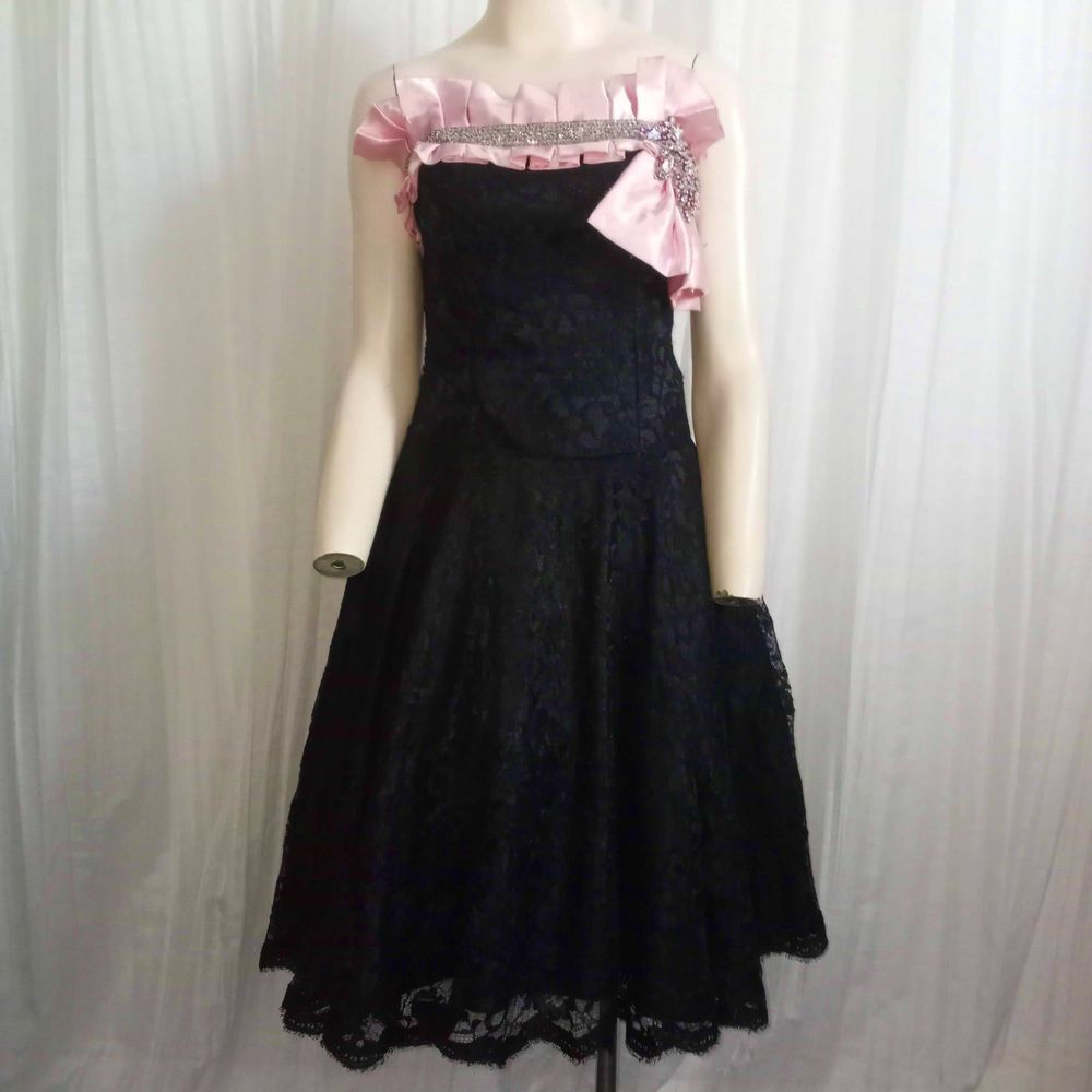 Vintage KENPASS Designer Sample Dress 1990s Rhinestones S Pink Satin Black Lace